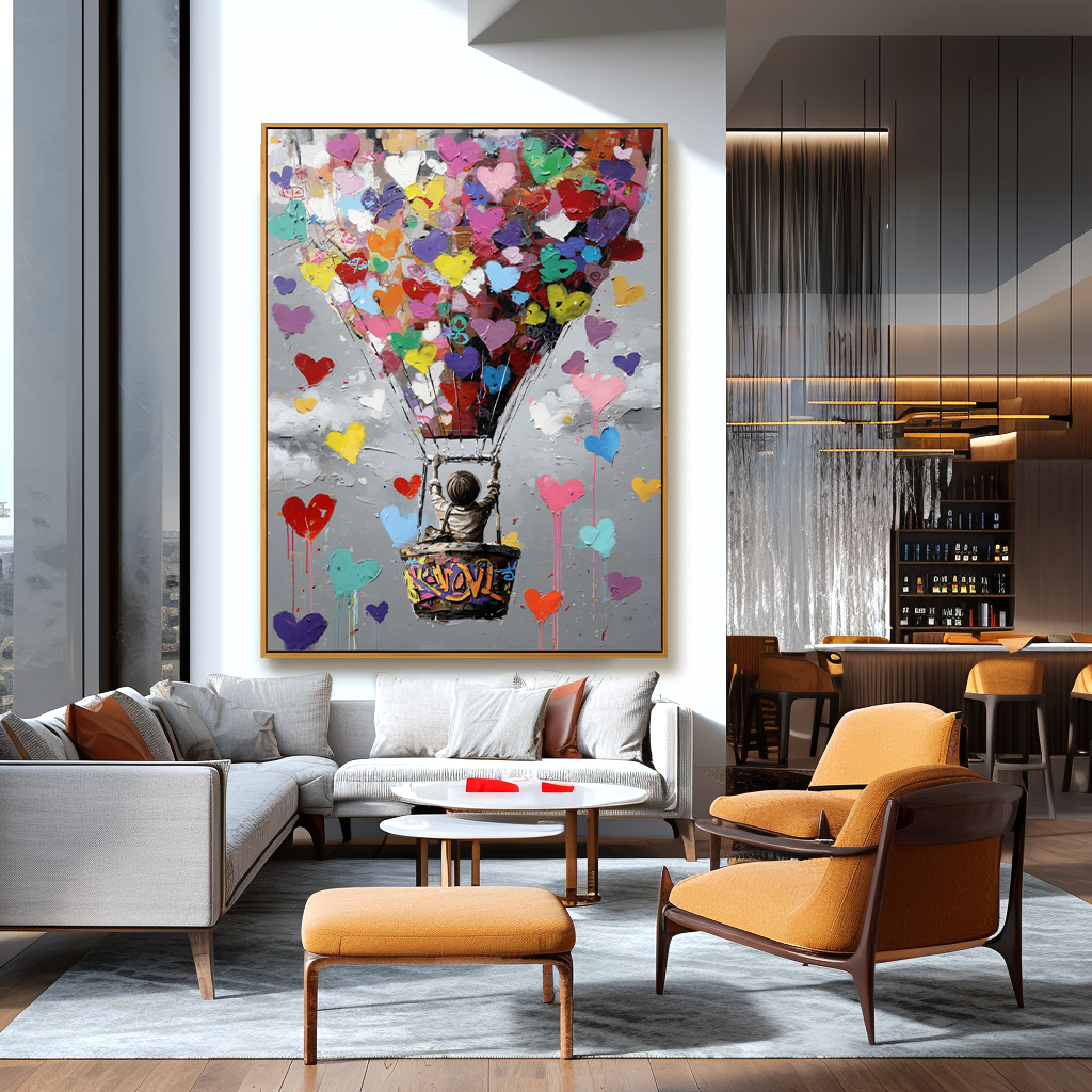 Colorful hot air balloon painting with hearts and a child floating in the sky