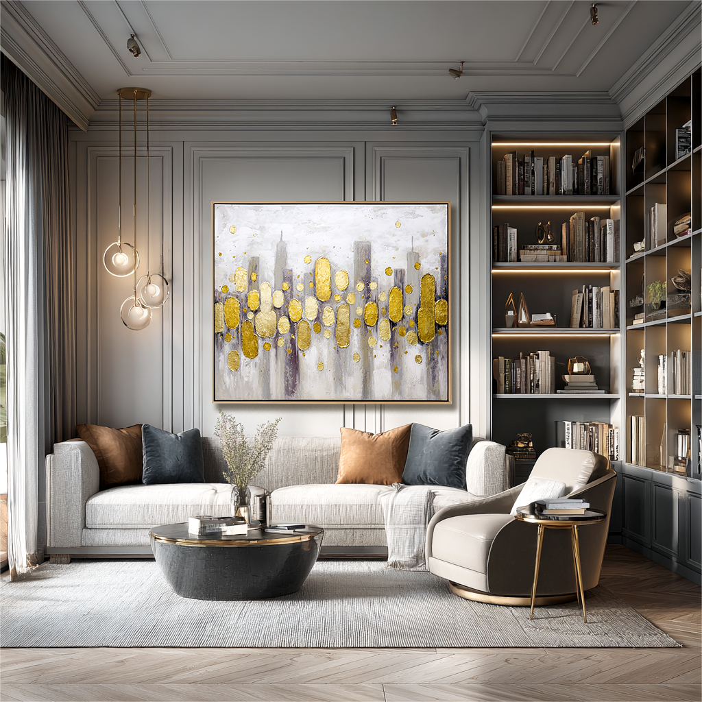 Abstract Gold Leaf Cityscape Oil Painting - Modern Textured Wall Art