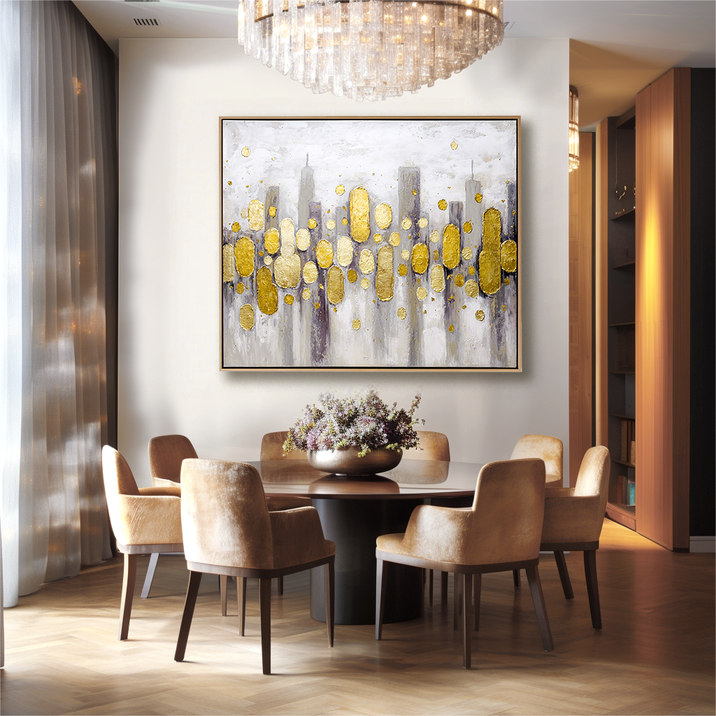 Abstract Gold Leaf Cityscape Oil Painting - Modern Textured Wall Art