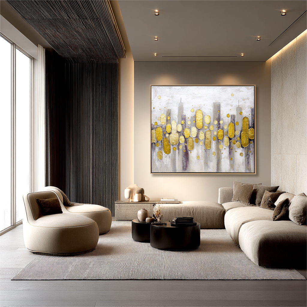 Abstract Gold Leaf Cityscape Oil Painting - Modern Textured Wall Art