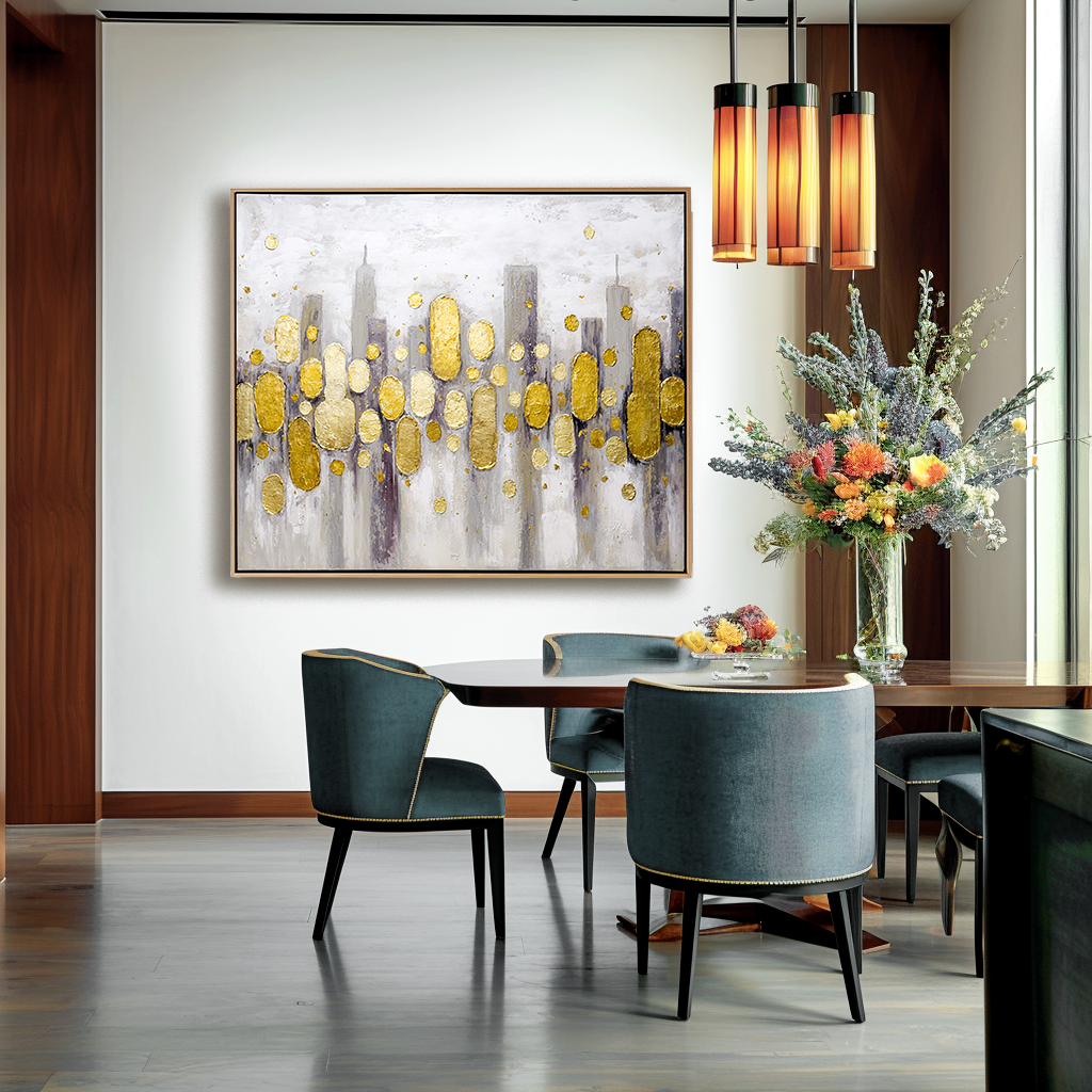 Abstract Gold Leaf Cityscape Oil Painting - Modern Textured Wall Art