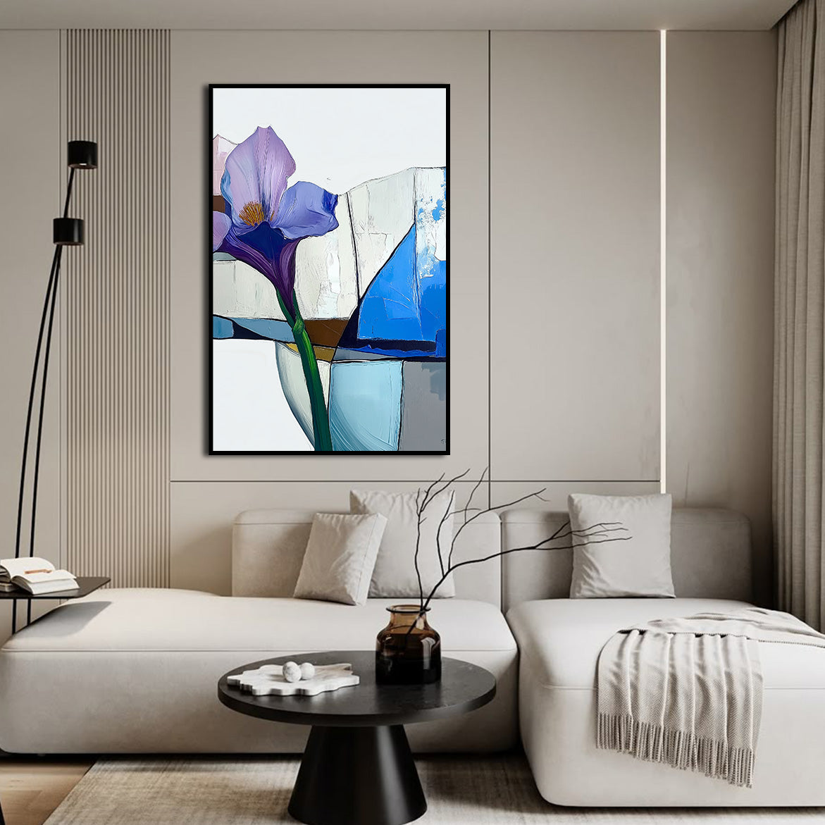 Architectural Bloom - Purple Iris Abstract Painting Minimalist Floral Wall Art with Geometric Background