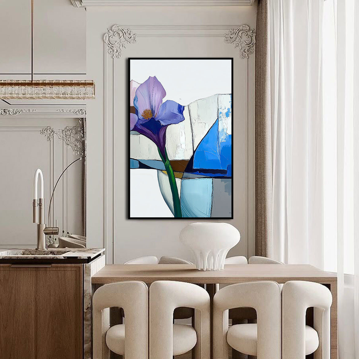 Architectural Bloom - Purple Iris Abstract Painting Minimalist Floral Wall Art with Geometric Background