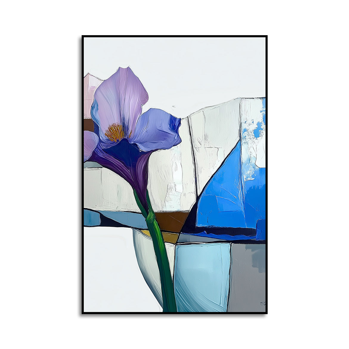 Architectural Bloom - Purple Iris Abstract Painting Minimalist Floral Wall Art with Geometric Background