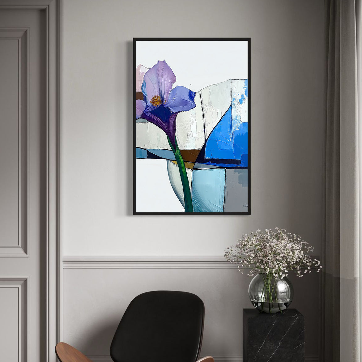Architectural Bloom - Purple Iris Abstract Painting Minimalist Floral Wall Art with Geometric Background