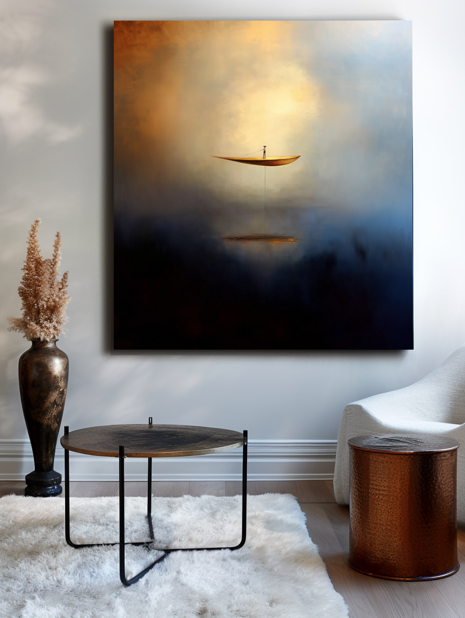Ascend in Silence – Surreal Abstract Boat Painting Floating Man Dreamlike Wall Art