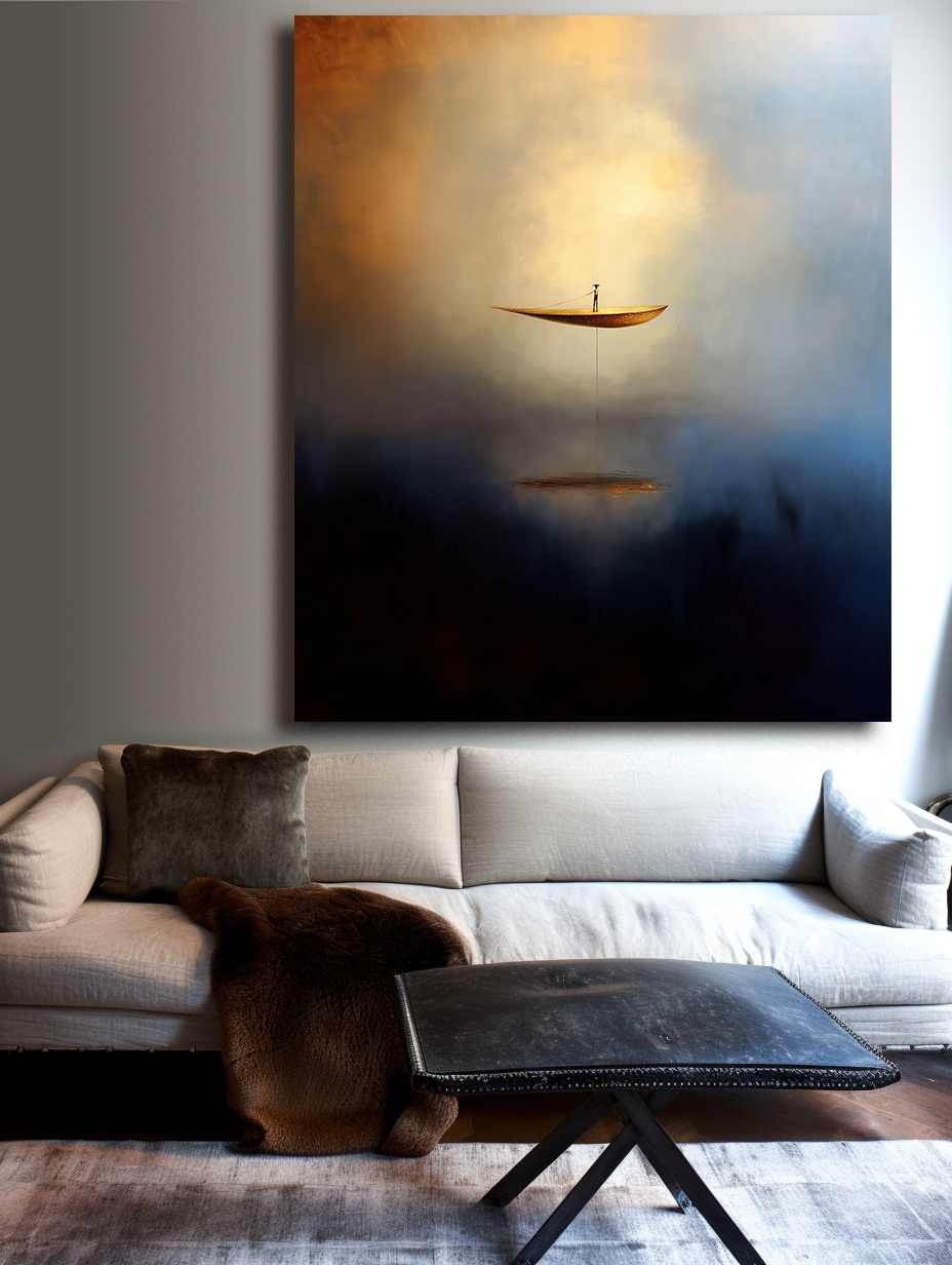 Ascend in Silence – Surreal Abstract Boat Painting Floating Man Dreamlike Wall Art
