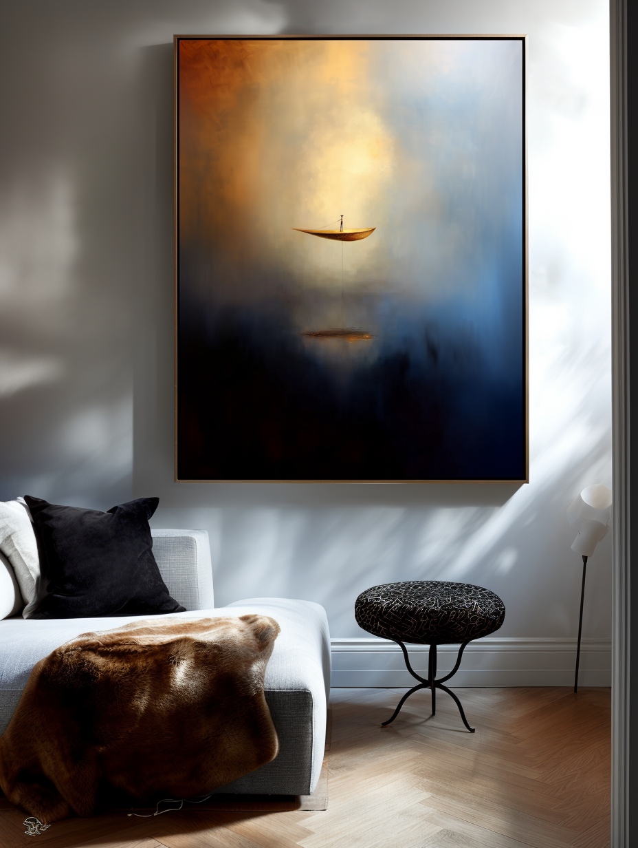 Ascend in Silence – Surreal Abstract Boat Painting Floating Man Dreamlike Wall Art