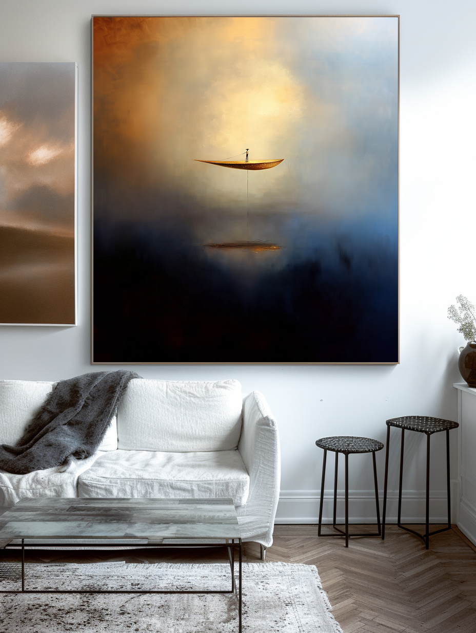 Ascend in Silence – Surreal Abstract Boat Painting Floating Man Dreamlike Wall Art