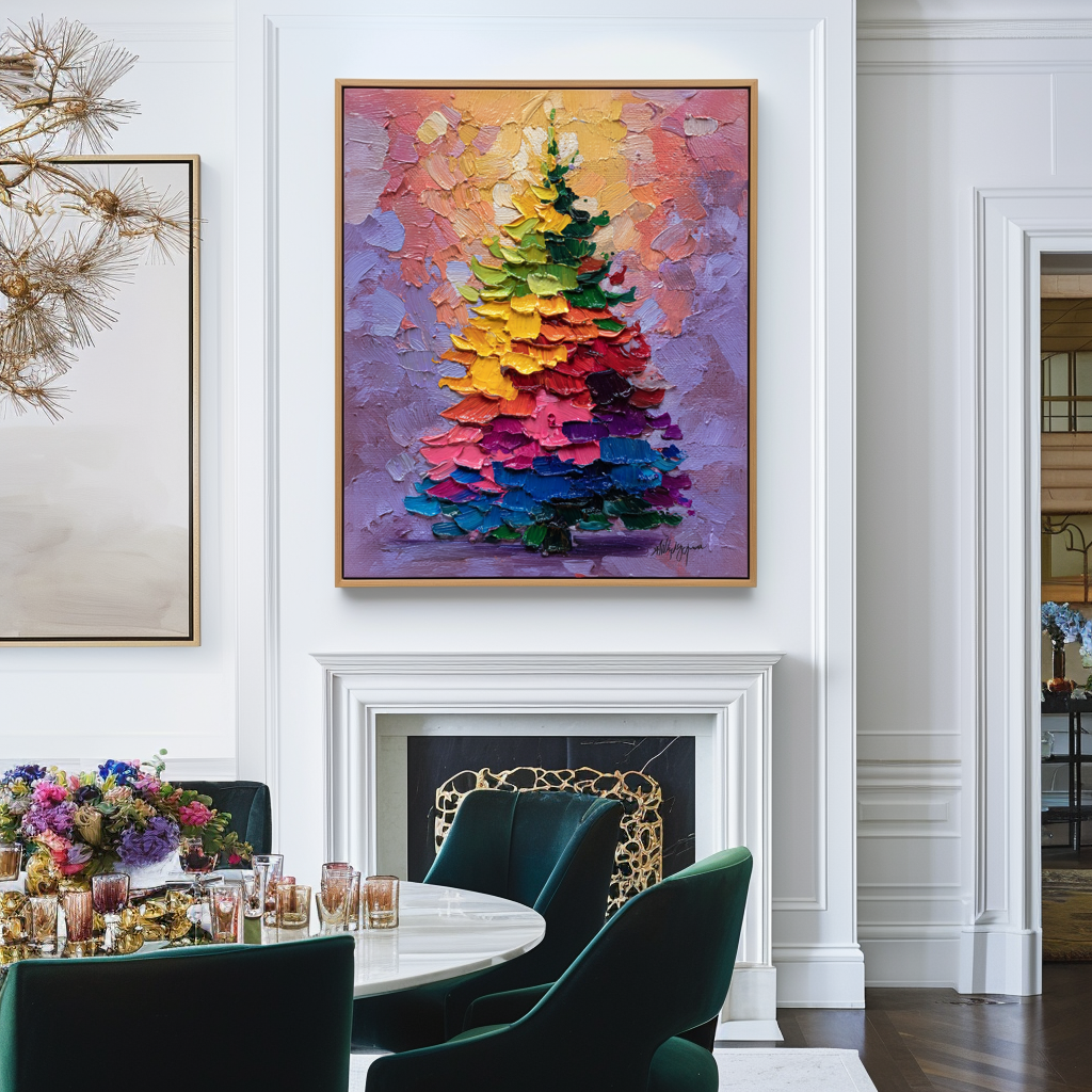 Aurora Christmas - Rainbow Holiday Tree Oil Painting, Festive Textured Canvas Wall Art