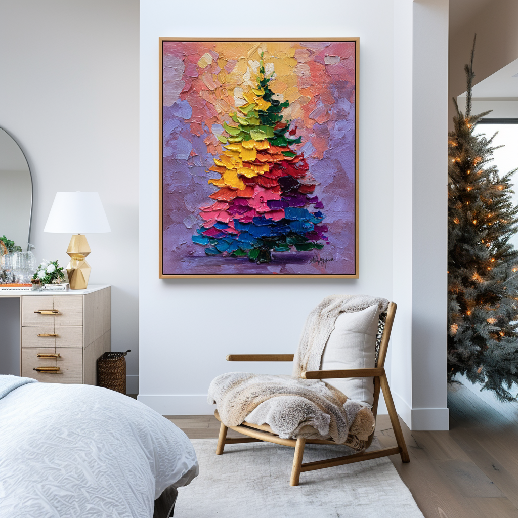 Aurora Christmas - Rainbow Holiday Tree Oil Painting, Festive Textured Canvas Wall Art