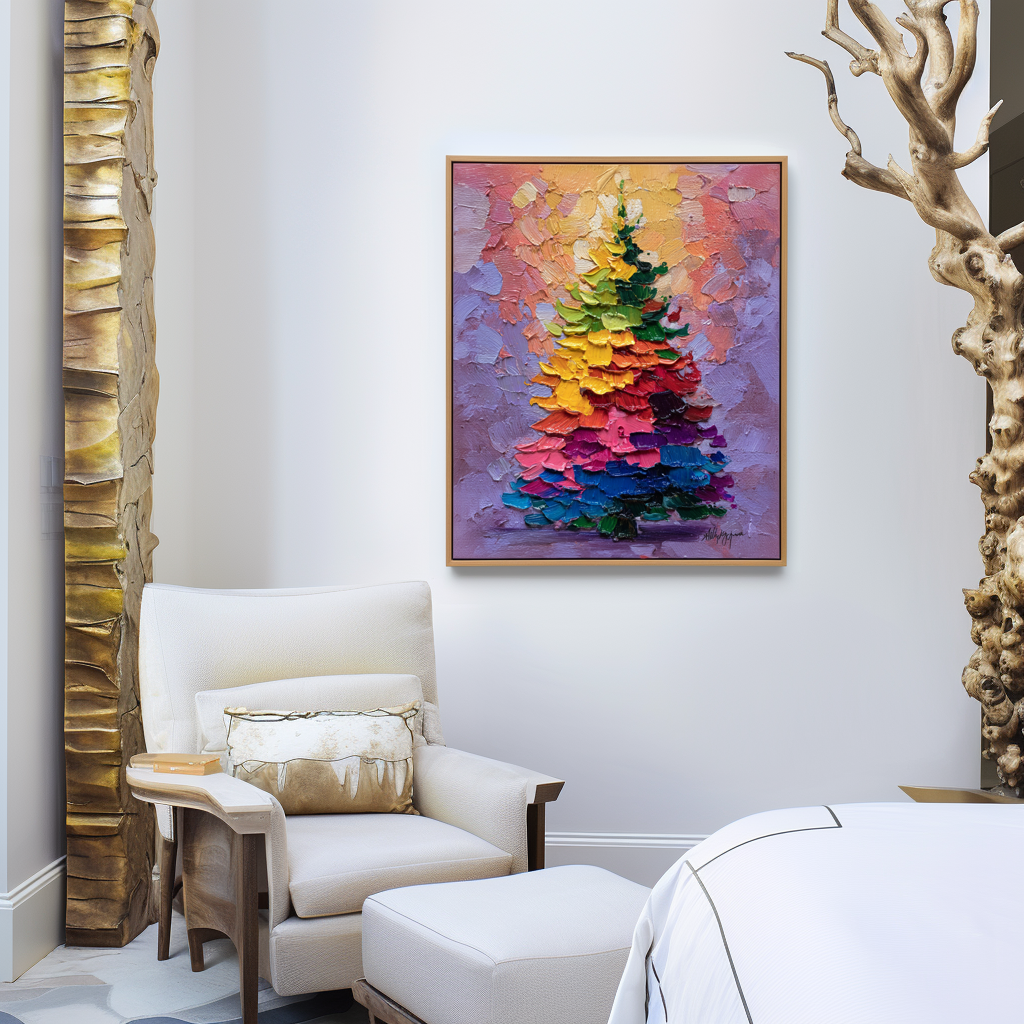 Aurora Christmas - Rainbow Holiday Tree Oil Painting, Festive Textured Canvas Wall Art