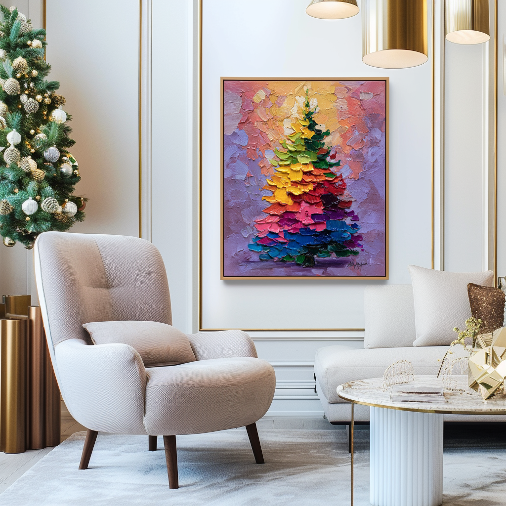Aurora Christmas - Rainbow Holiday Tree Oil Painting, Festive Textured Canvas Wall Art