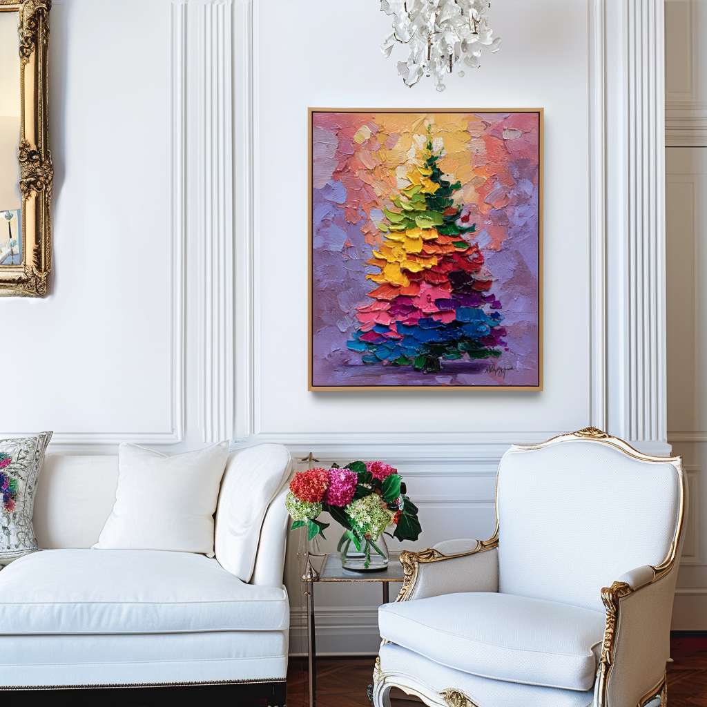 Aurora Christmas - Rainbow Holiday Tree Oil Painting, Festive Textured Canvas Wall Art