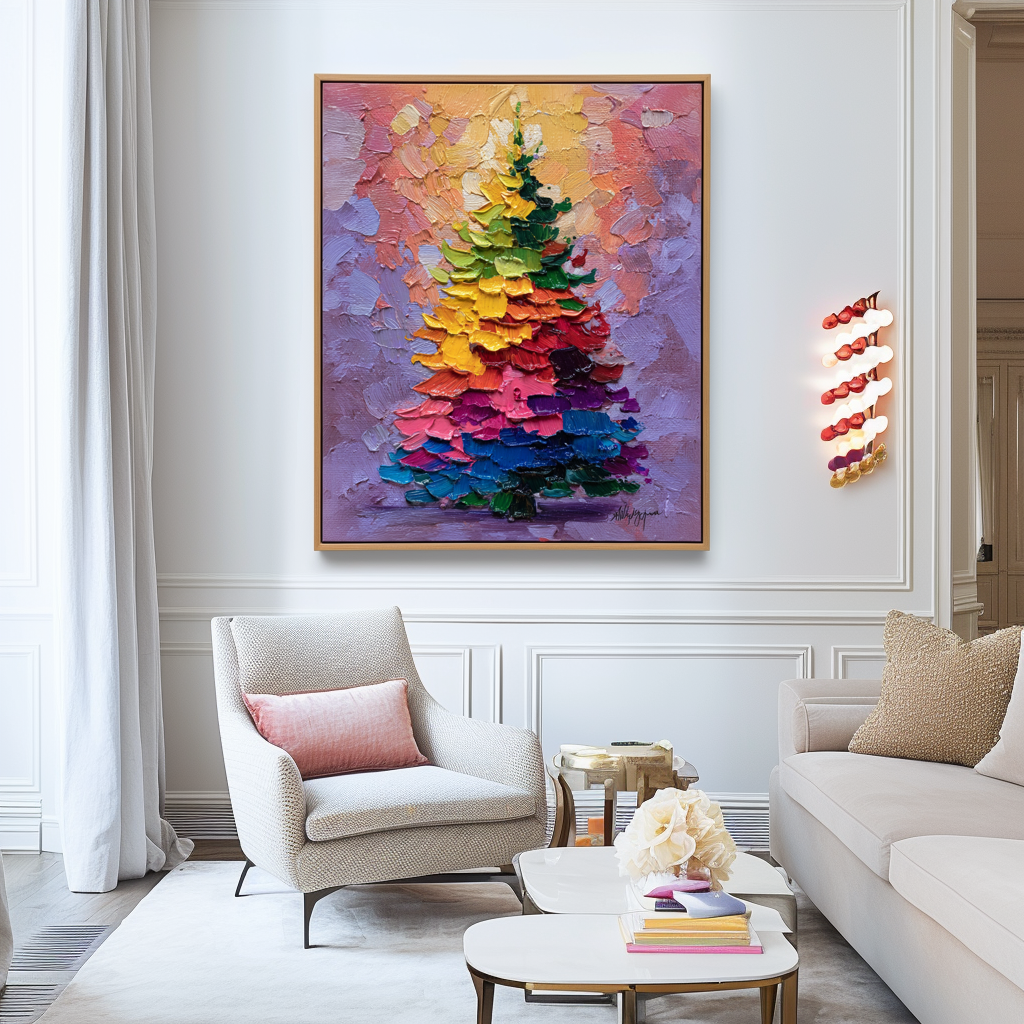 Aurora Christmas - Rainbow Holiday Tree Oil Painting, Festive Textured Canvas Wall Art