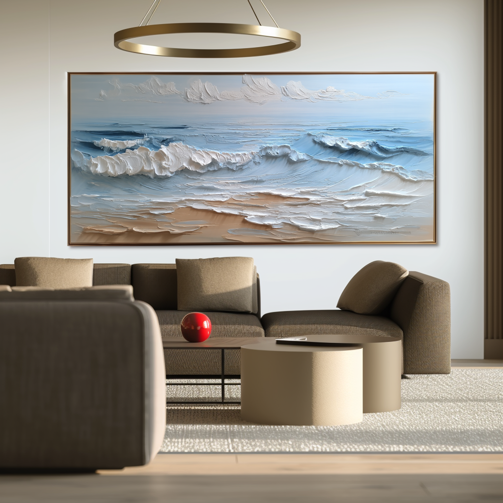 Azure Tides-Calm Waves Seascape Painting - Modern Coastal Ocean Art, 3D Textured