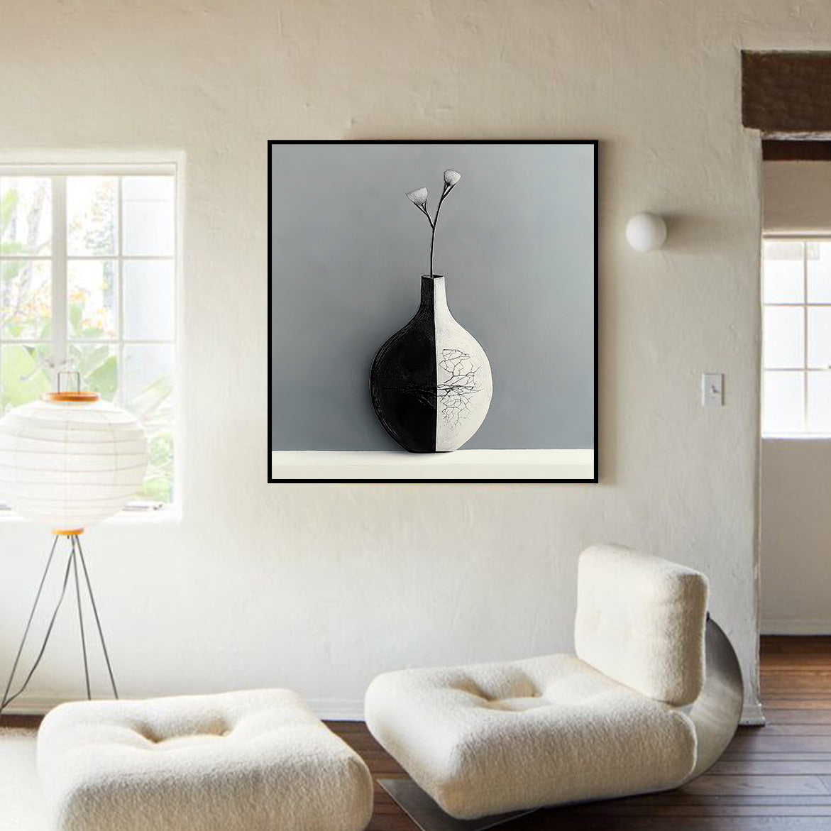 Balance in Bloom - Minimalist Black and White Vase Wall Art Modern Neutral Decor Canvas