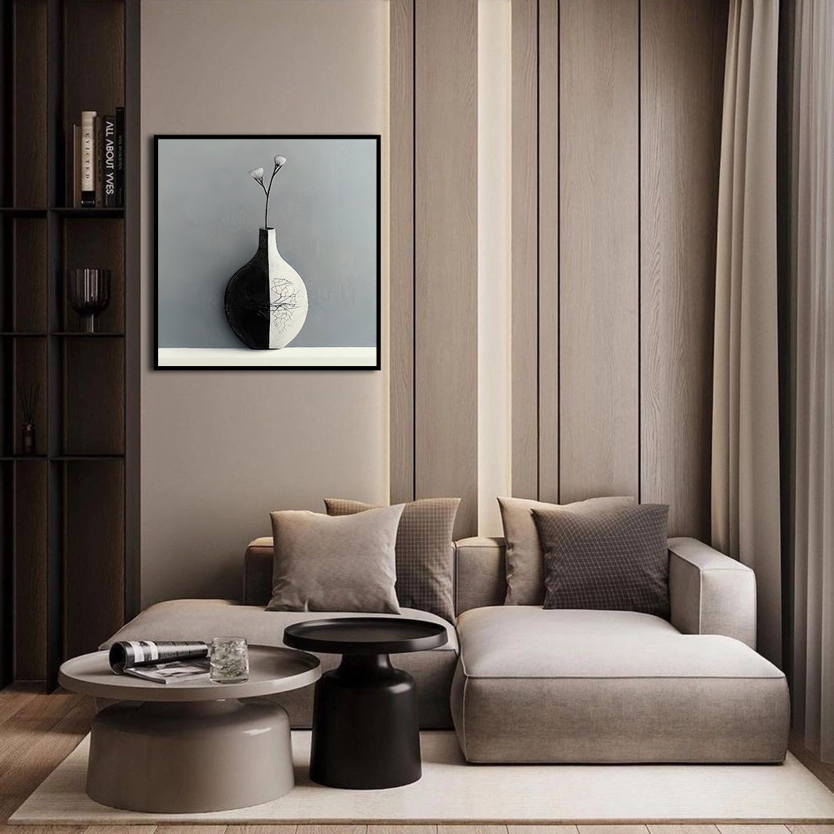Balance in Bloom - Minimalist Black and White Vase Wall Art Modern Neutral Decor Canvas