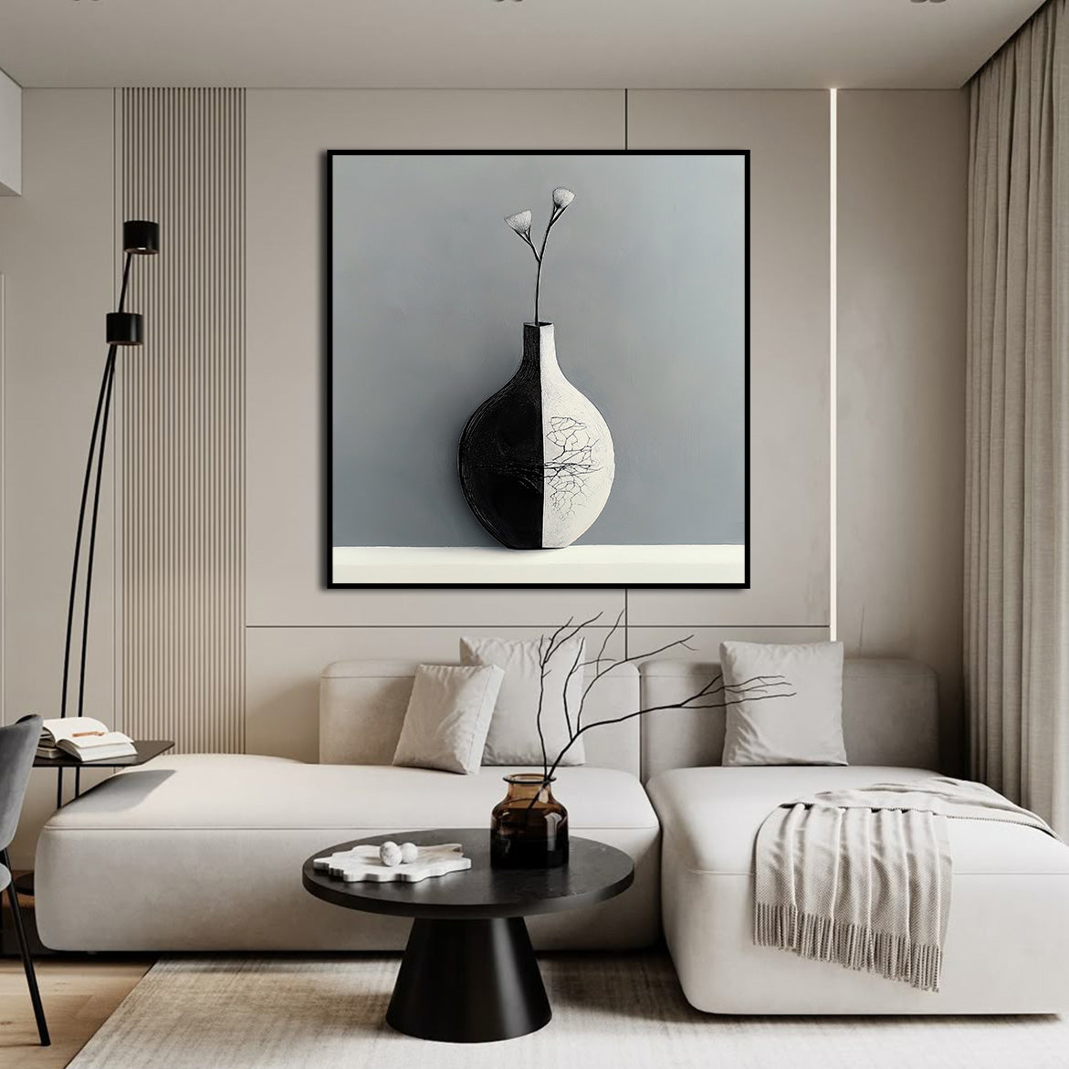 Balance in Bloom - Minimalist Black and White Vase Wall Art Modern Neutral Decor Canvas