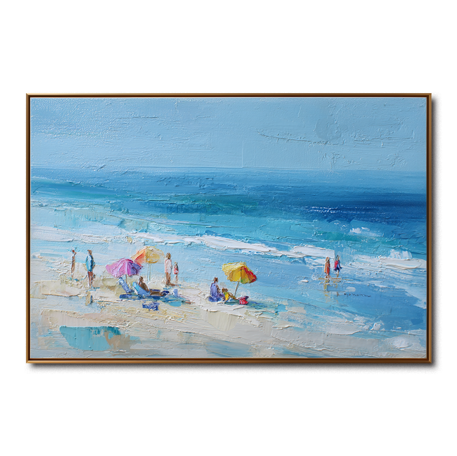 Beach Scene Wall Art – Coastal Seaside Canvas Painting with Umbrellas