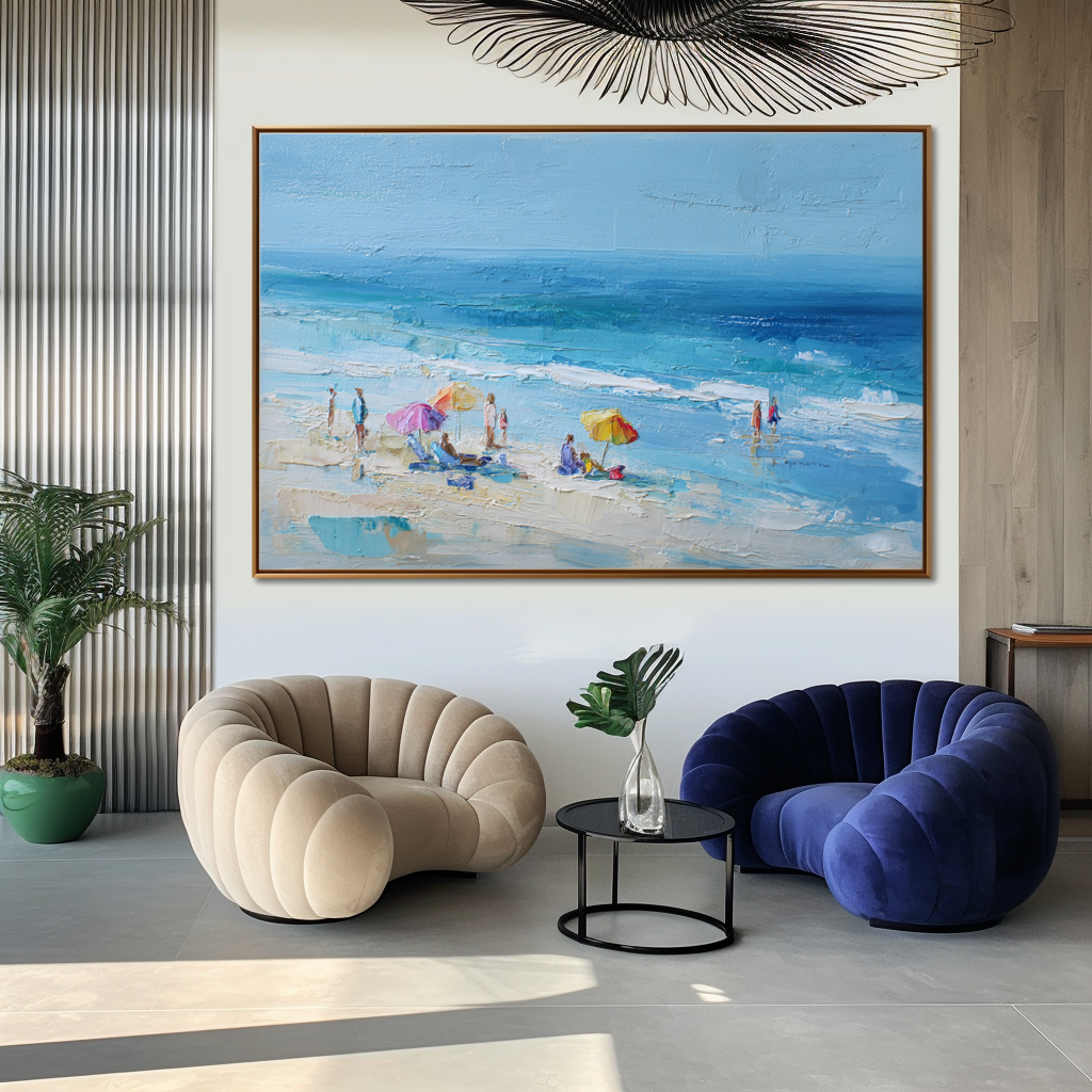 Beach Scene Wall Art – Coastal Seaside Canvas Painting with Umbrellas