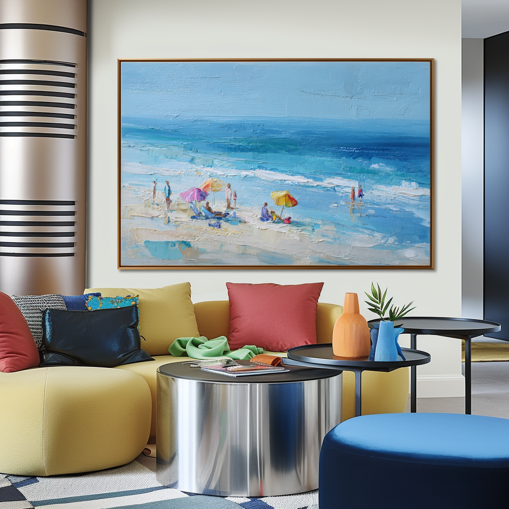 Beach Scene Wall Art – Coastal Seaside Canvas Painting with Umbrellas