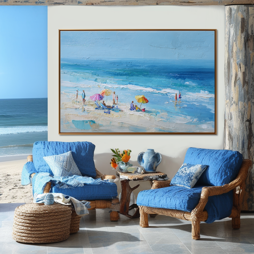 Beach Scene Wall Art – Coastal Seaside Canvas Painting with Umbrellas