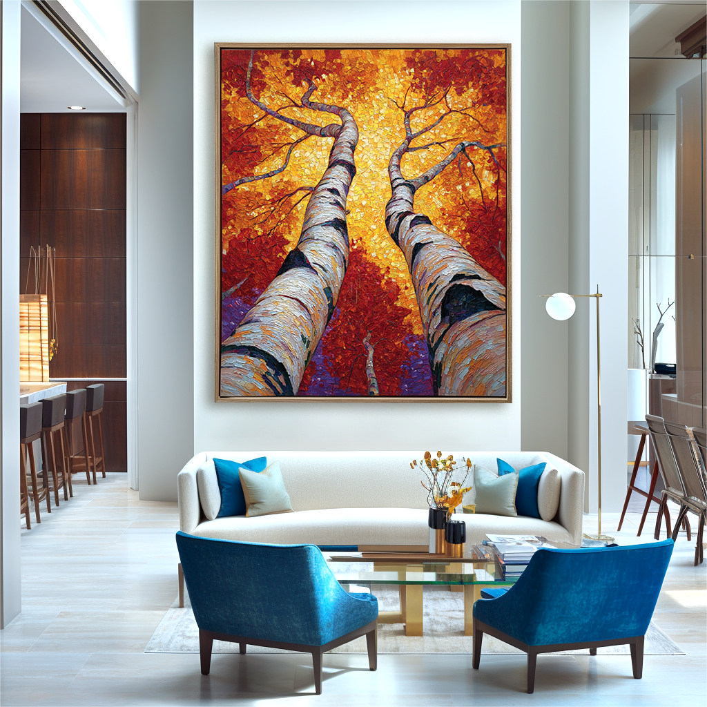 Birch Tree Abstract Oil Painting - Large Textured Wall Art