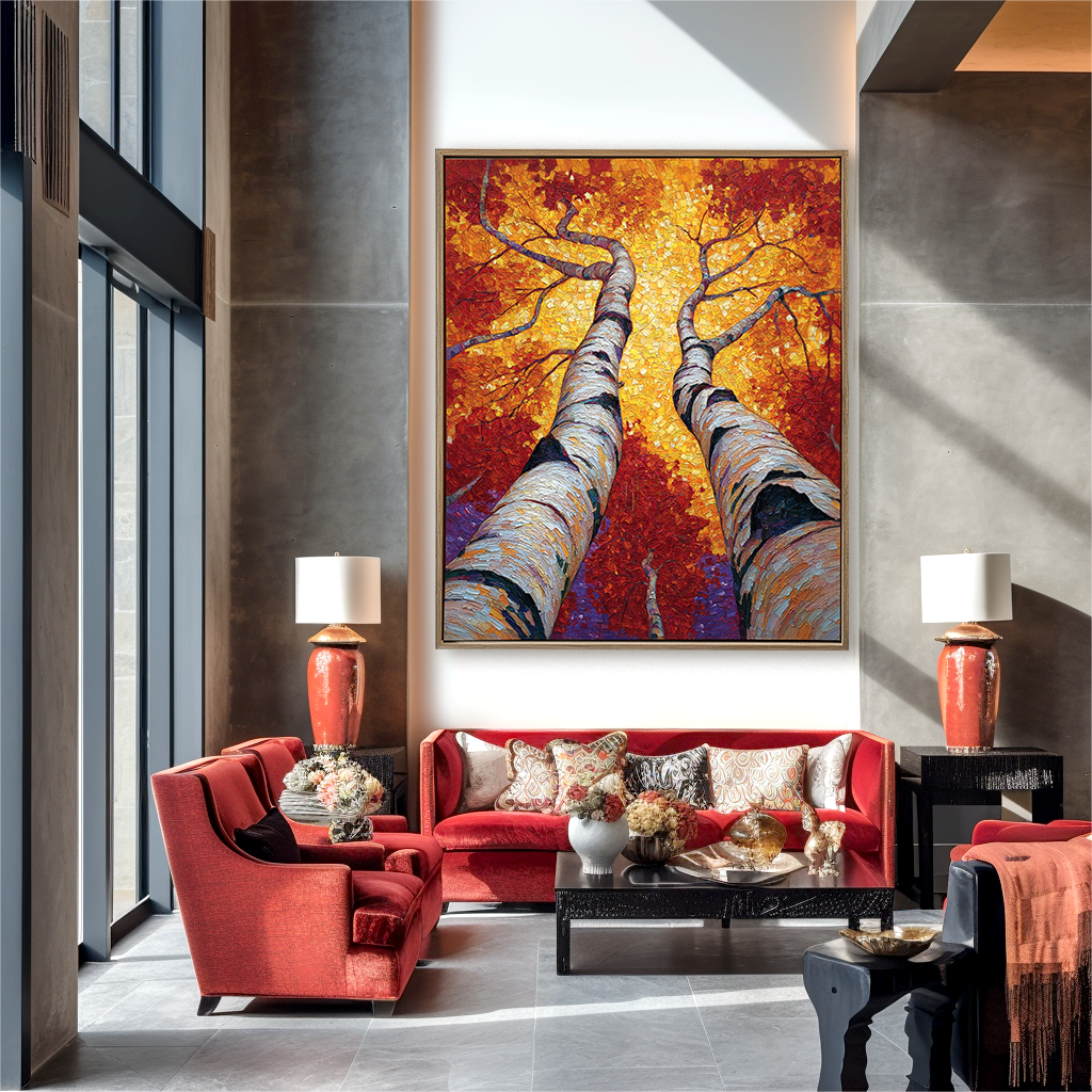 Birch Tree Abstract Oil Painting - Large Textured Wall Art