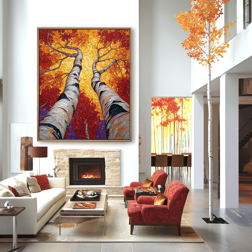 Birch Tree Abstract Oil Painting - Large Textured Wall Art