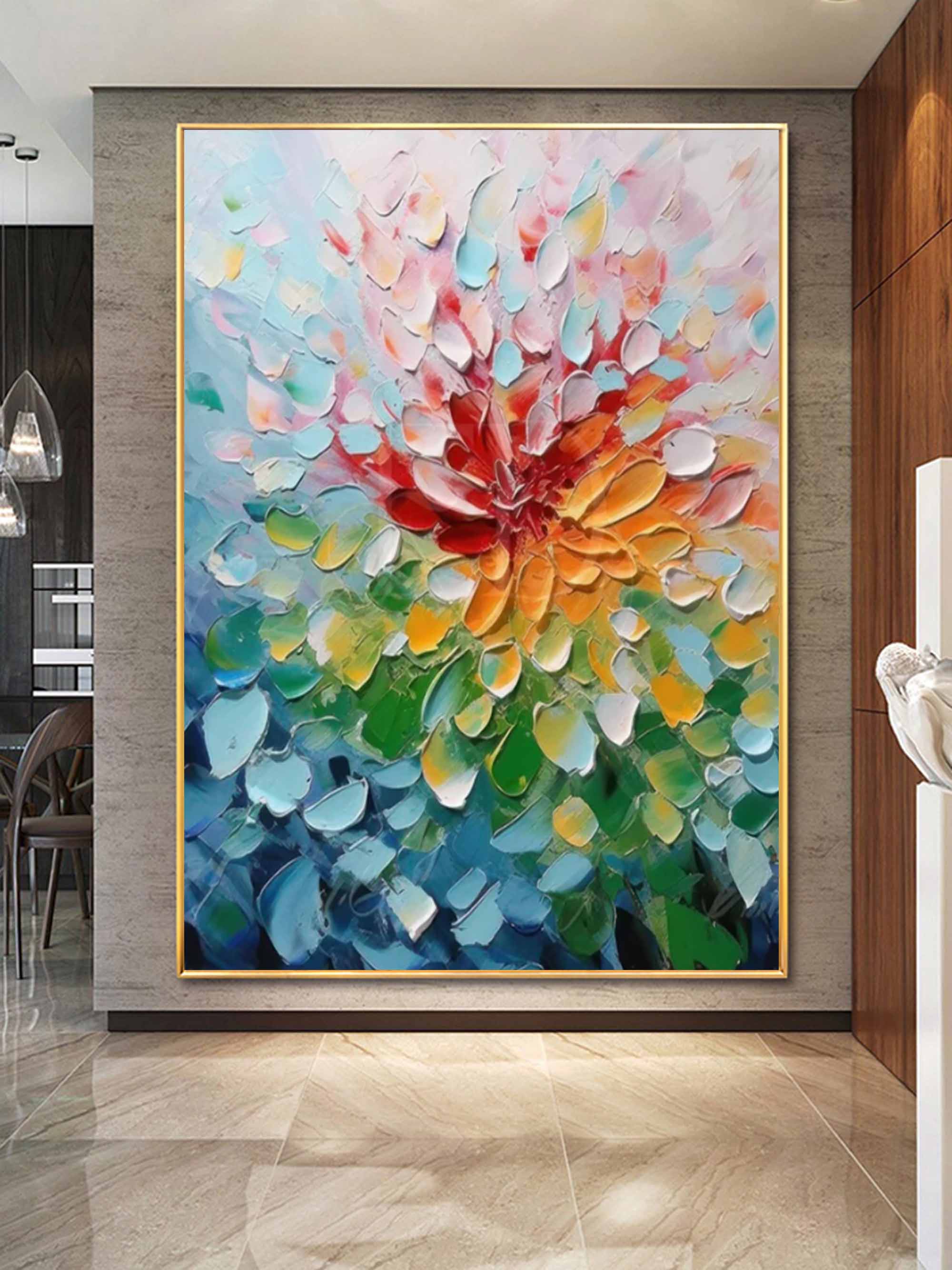 Bloom Radiance – Palette Knife Textured Flower Painting Colorful Abstract Wall Art