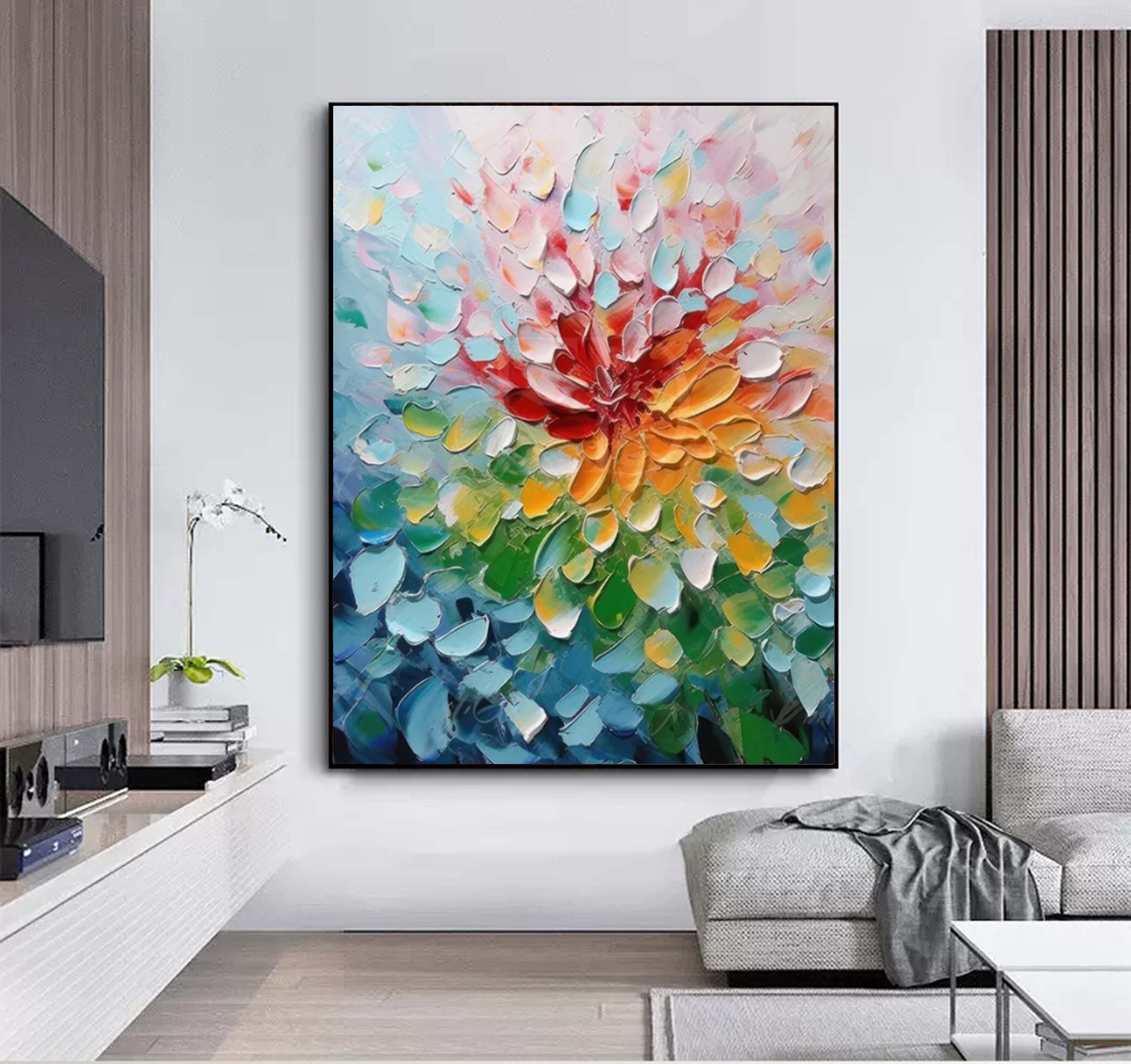 Bloom Radiance – Palette Knife Textured Flower Painting Colorful Abstract Wall Art