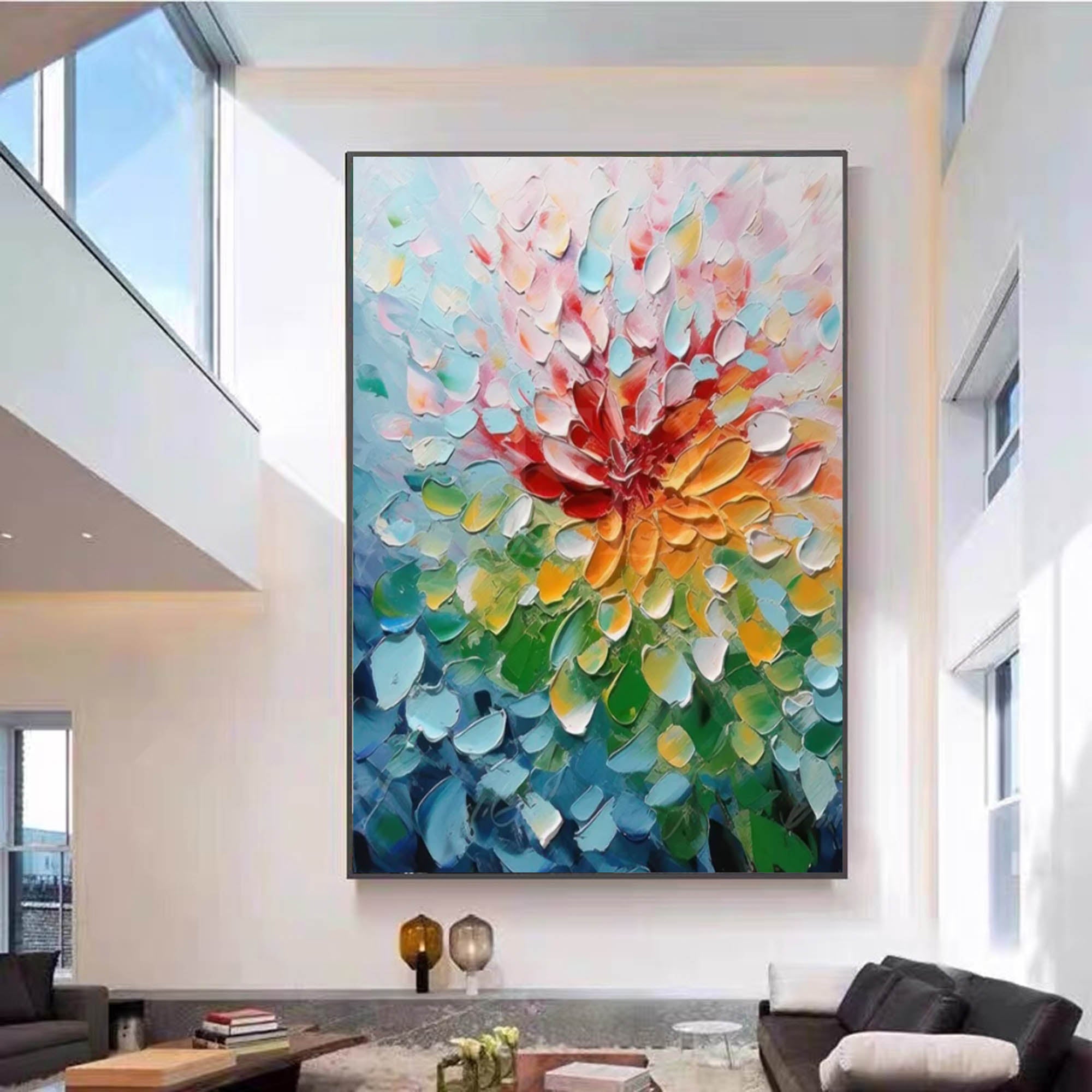 Bloom Radiance – Palette Knife Textured Flower Painting Colorful Abstract Wall Art