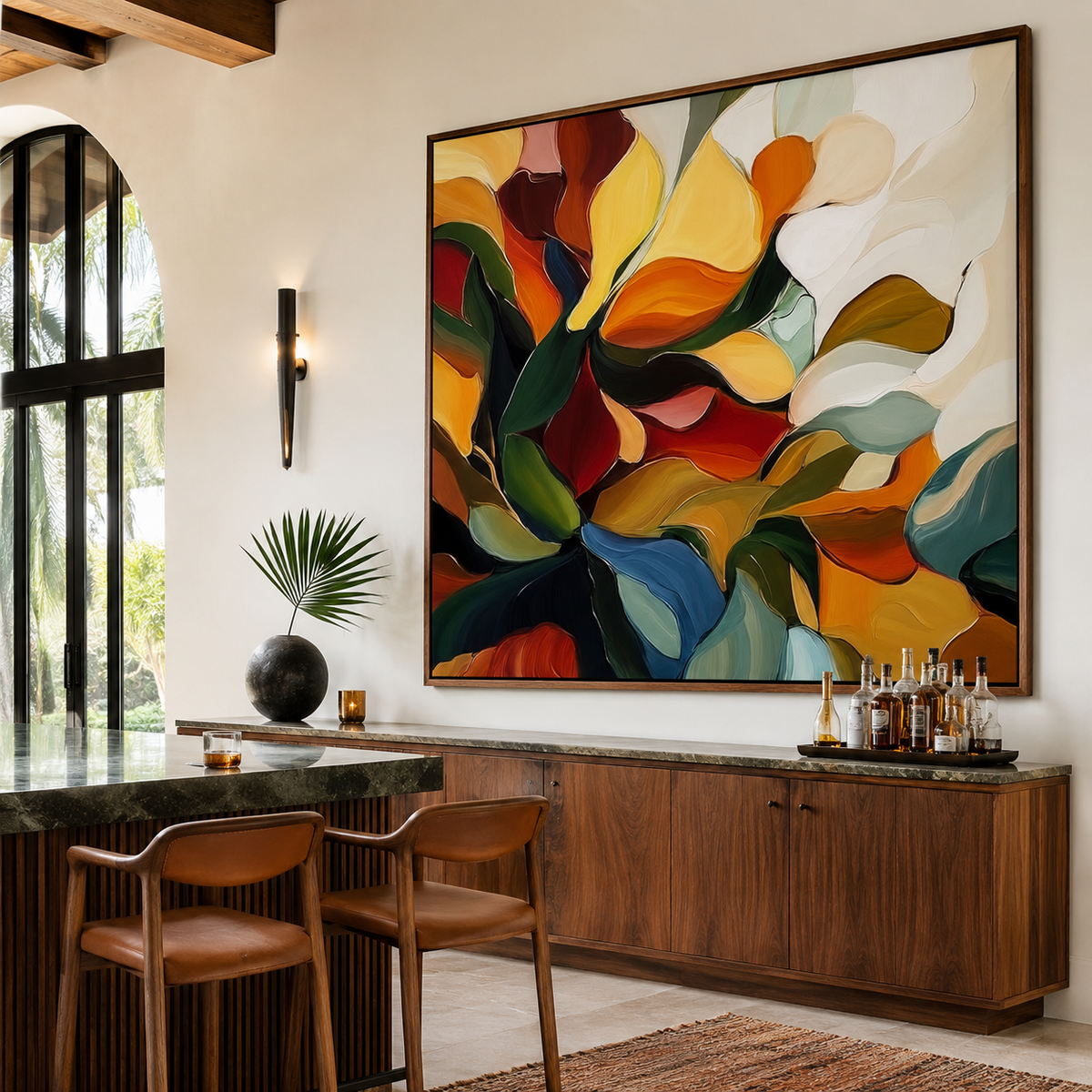 Blooming Essence - Colorful Abstract Floral Oil Painting - Vibrant Multicolor Wall Art, Modern Botanical Decor for Living Room & Bedroom