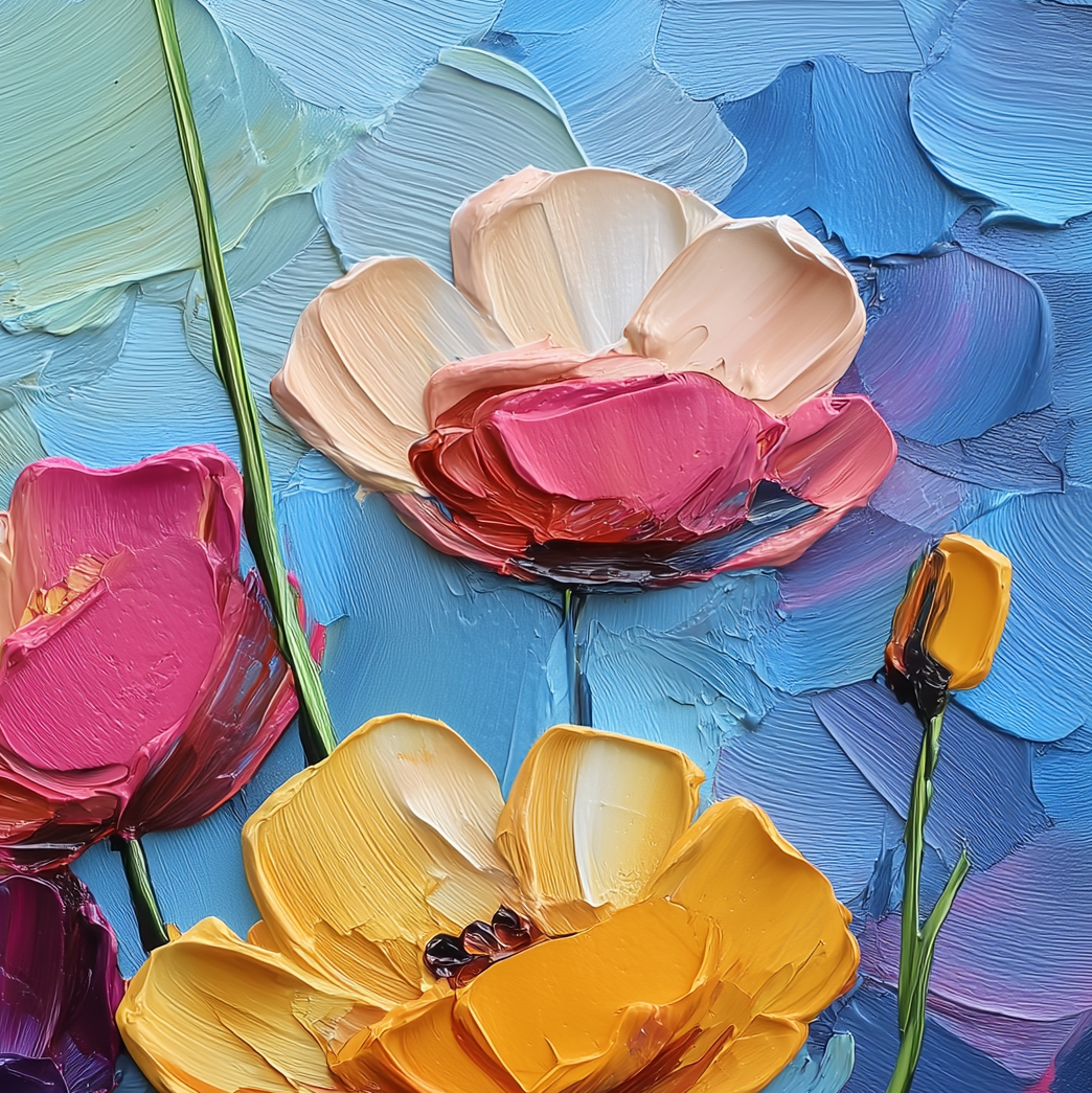 Blooming Rhapsody - Colorful Textured Floral Oil Painting Bold Modern Wall Art