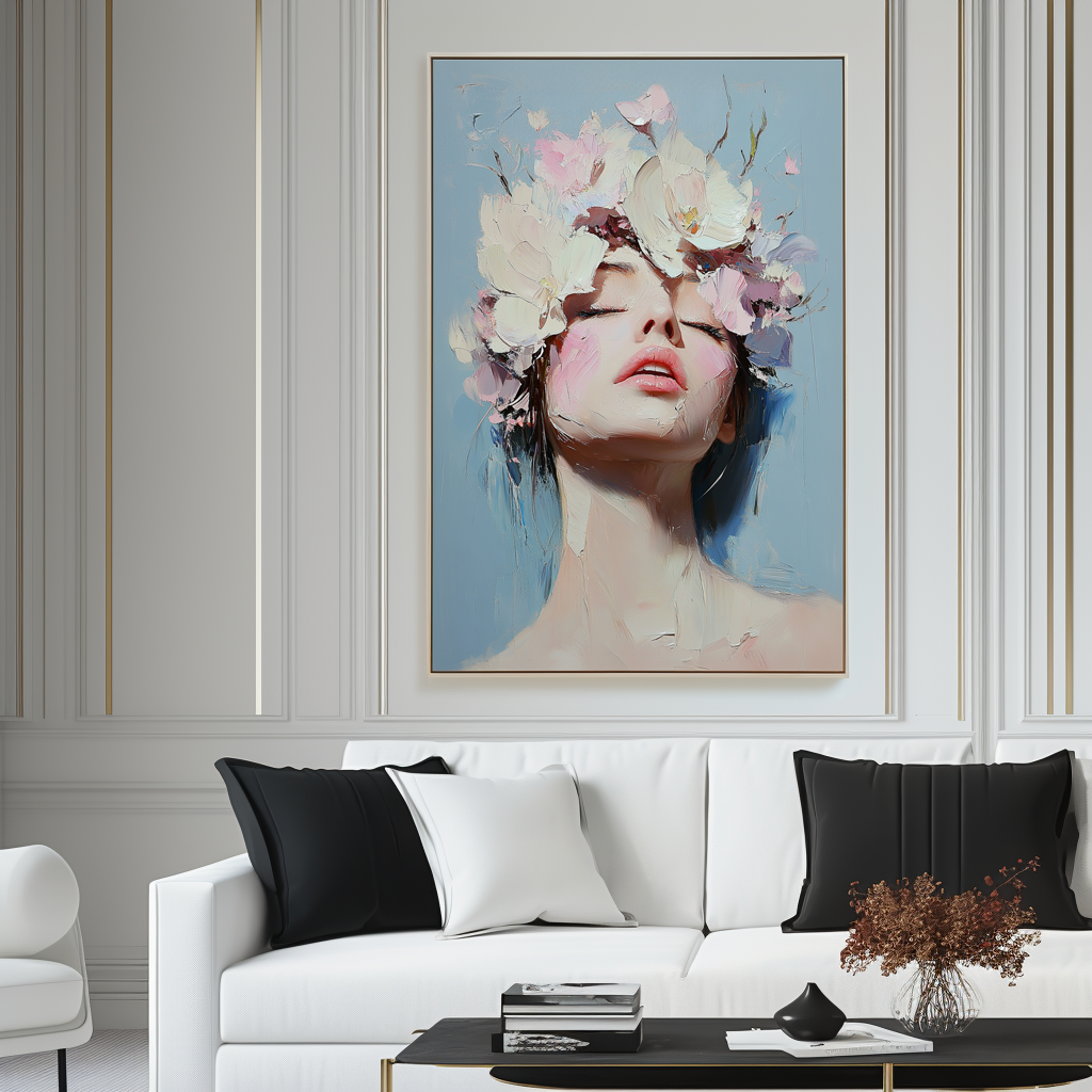 Blooming Serenity-Impressionistic Floral - Crown Female Portrait: Textured Soft , Toned Wall Art for Romantic Interiors