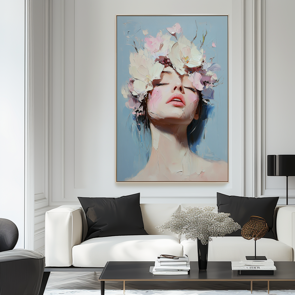 Blooming Serenity-Impressionistic Floral - Crown Female Portrait: Textured Soft , Toned Wall Art for Romantic Interiors