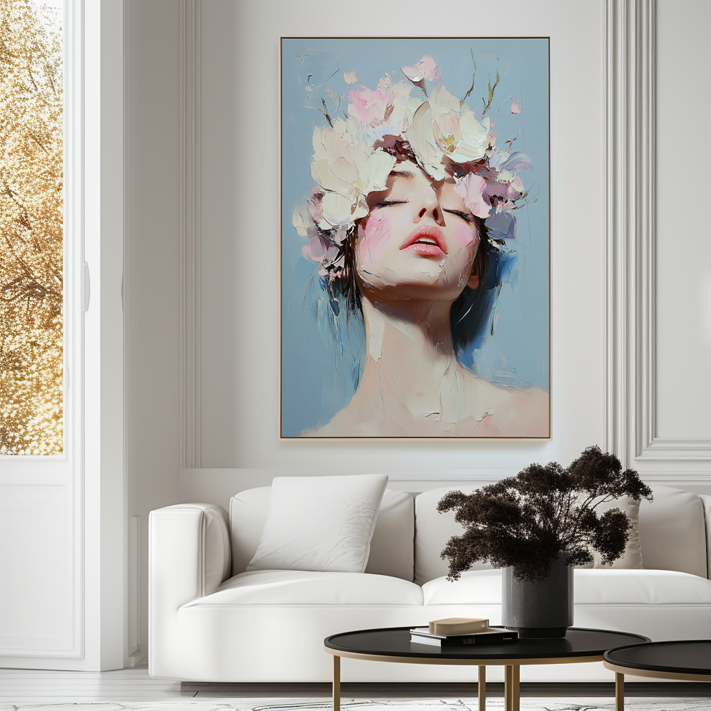 Blooming Serenity-Impressionistic Floral - Crown Female Portrait: Textured Soft , Toned Wall Art for Romantic Interiors