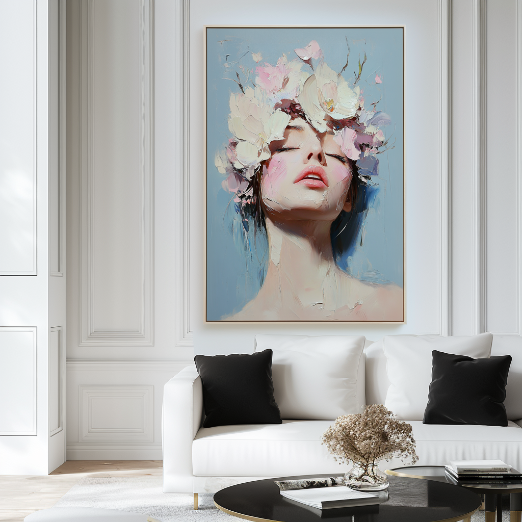 Blooming Serenity-Impressionistic Floral - Crown Female Portrait: Textured Soft , Toned Wall Art for Romantic Interiors