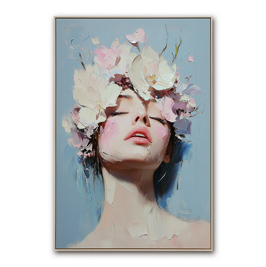 Blooming Serenity-Impressionistic Floral - Crown Female Portrait: Textured Soft , Toned Wall Art for Romantic Interiors