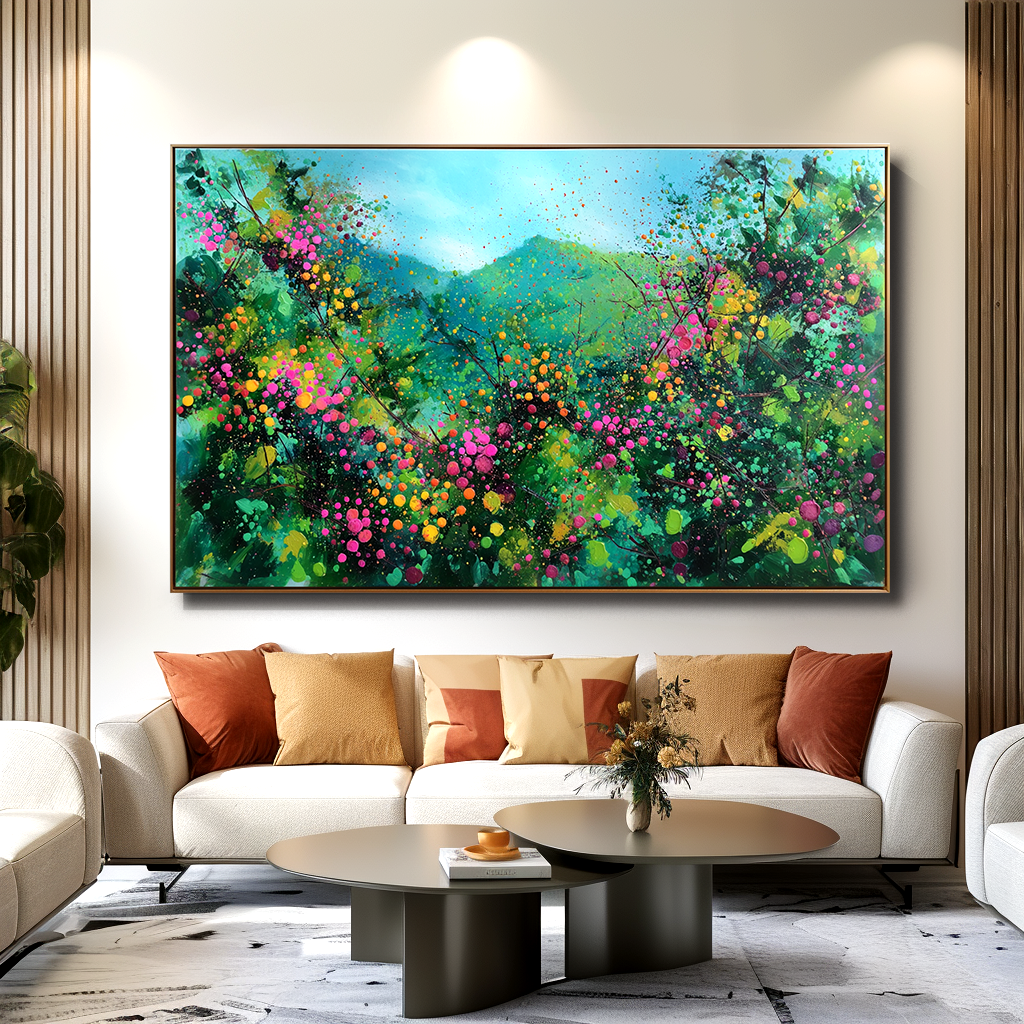Blooming Vistas – Abstract Floral Landscape Painting, Colorful Textured Canvas Wall Art