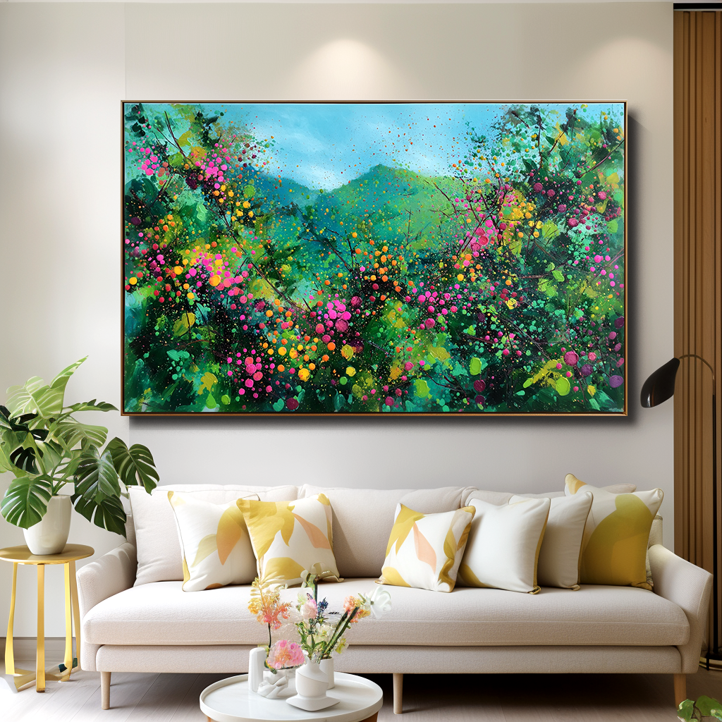 Blooming Vistas – Abstract Floral Landscape Painting, Colorful Textured Canvas Wall Art