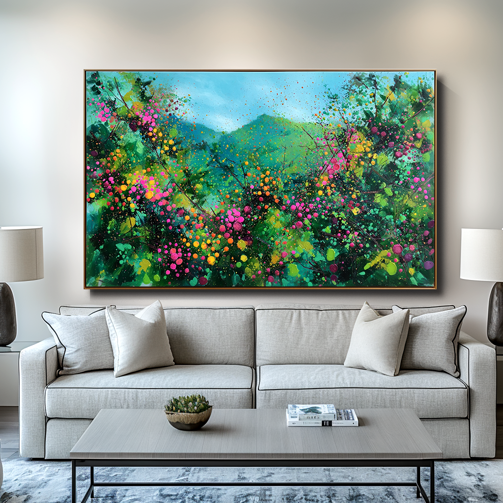 Blooming Vistas – Abstract Floral Landscape Painting, Colorful Textured Canvas Wall Art