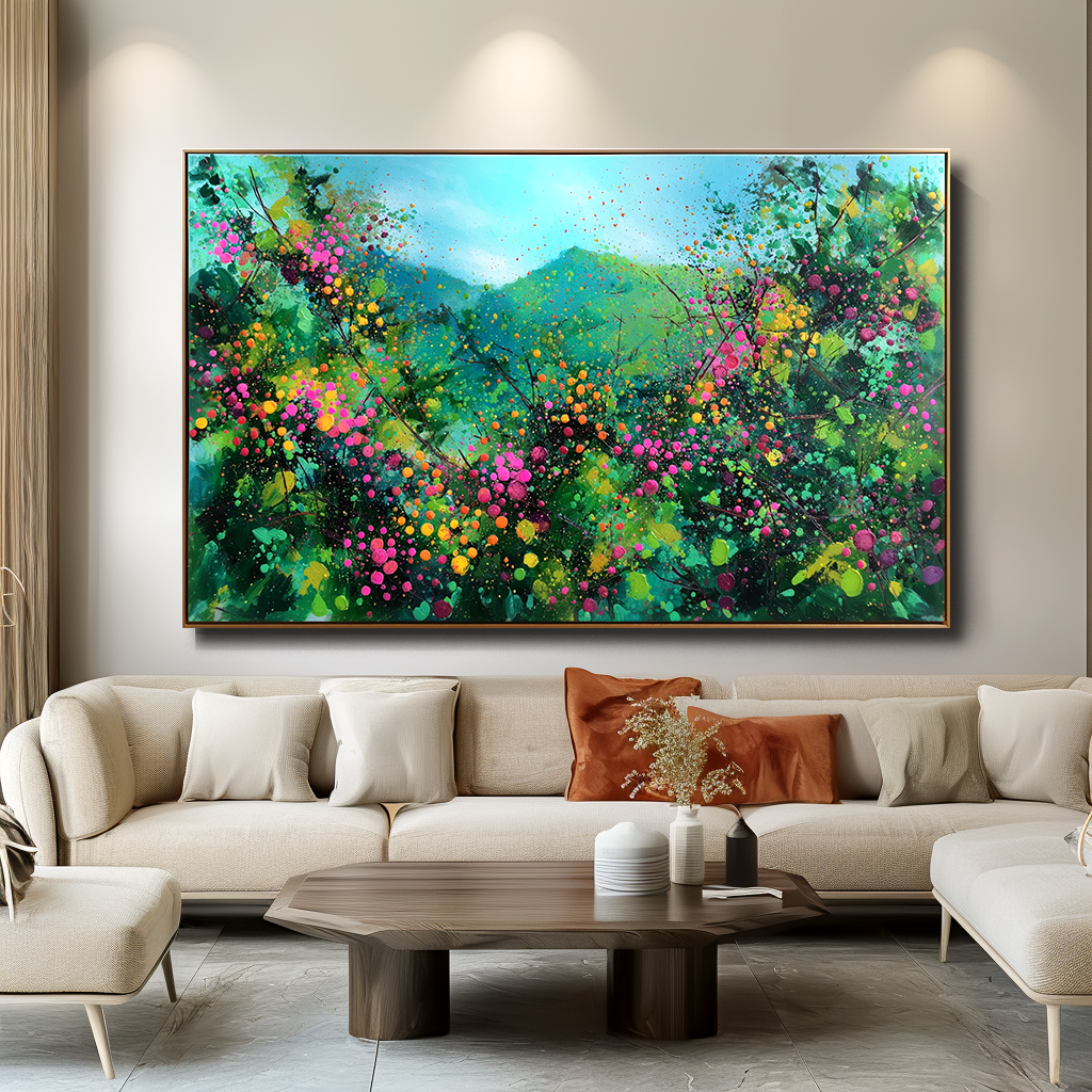 Blooming Vistas – Abstract Floral Landscape Painting, Colorful Textured Canvas Wall Art