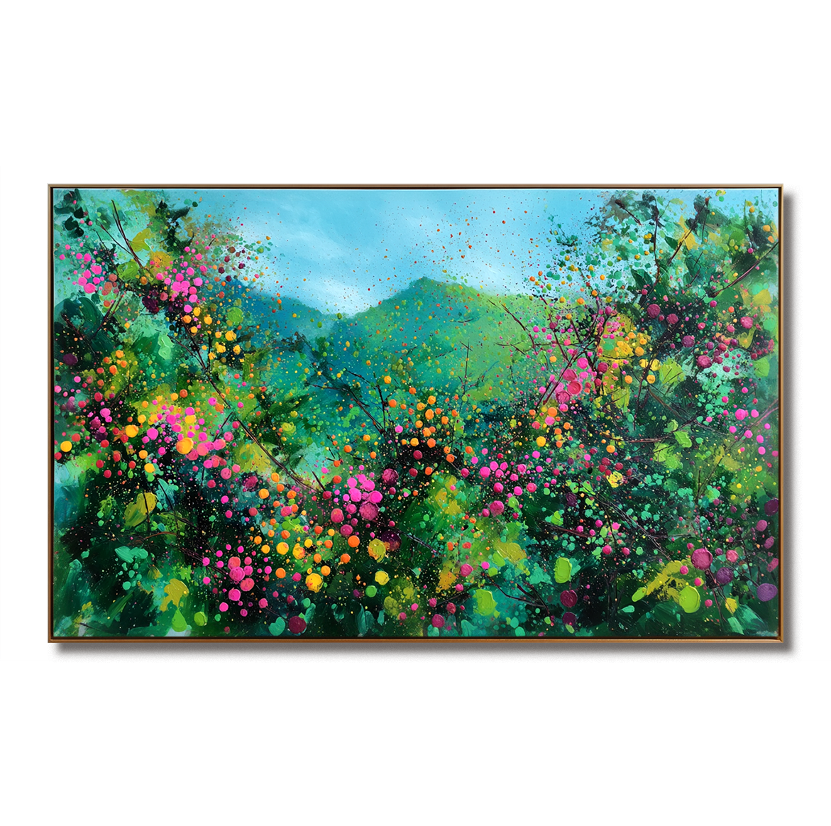 Colorful abstract floral landscape painting with vibrant pink, yellow, and green tones, horizontal textured canvas wall art for modern interiors.