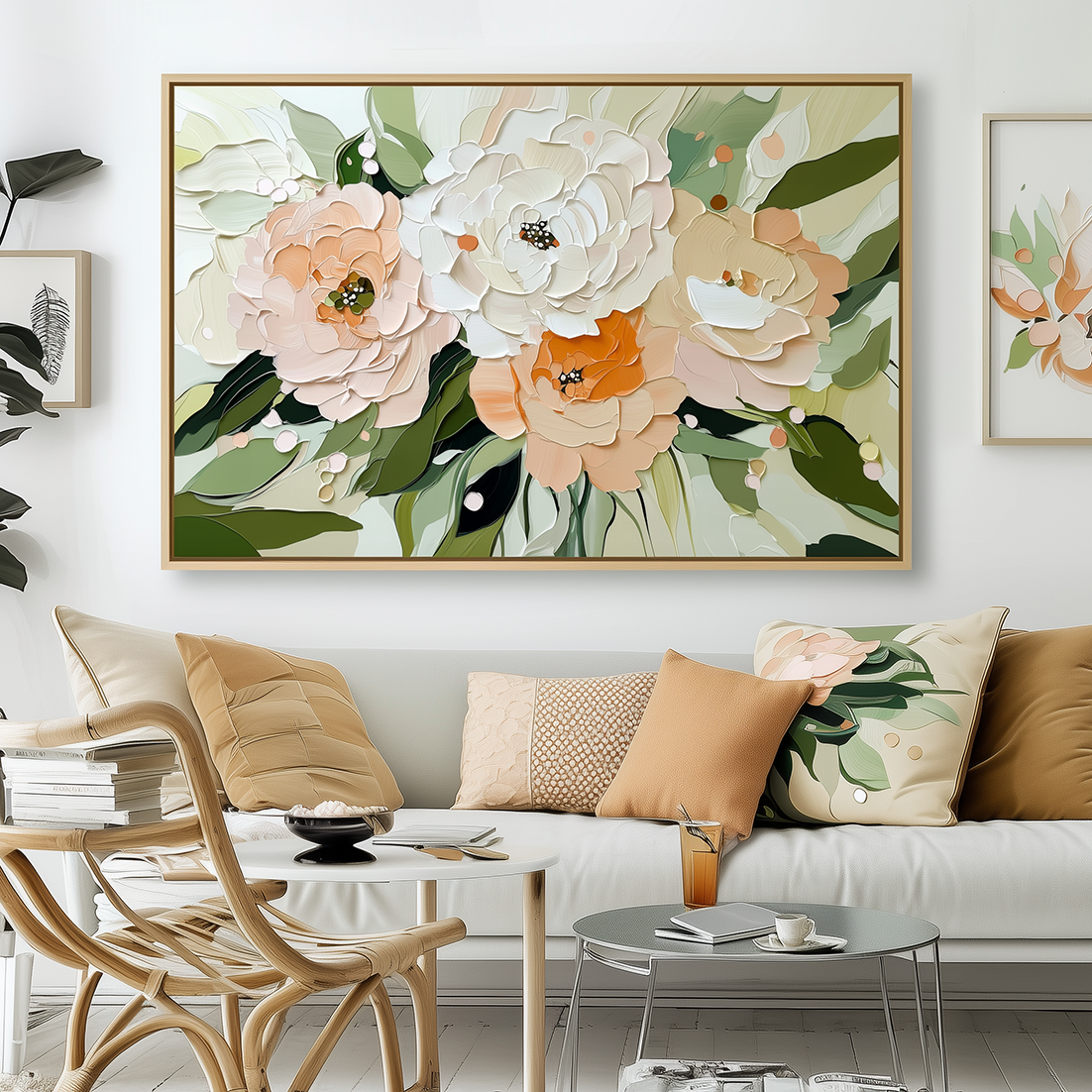 Blossom Harmony-Framed Modern Textured Floral Wall Art - Soft Peach, White & Orange Flower Painting with Green Foliage, Boho Farmhouse Decor for Living Room
