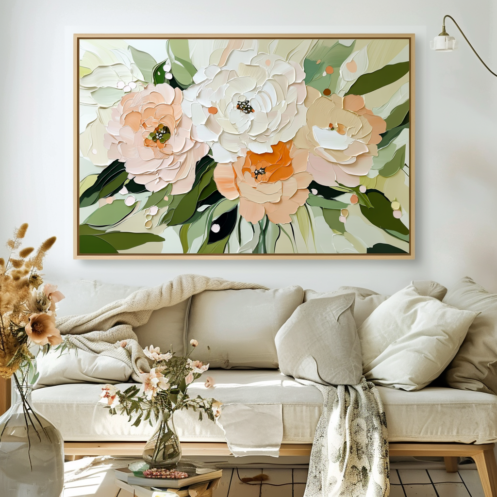 Blossom Harmony-Framed Modern Textured Floral Wall Art - Soft Peach, White & Orange Flower Painting with Green Foliage, Boho Farmhouse Decor for Living Room