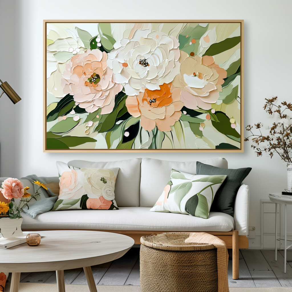 Blossom Harmony-Framed Modern Textured Floral Wall Art - Soft Peach, White & Orange Flower Painting with Green Foliage, Boho Farmhouse Decor for Living Room