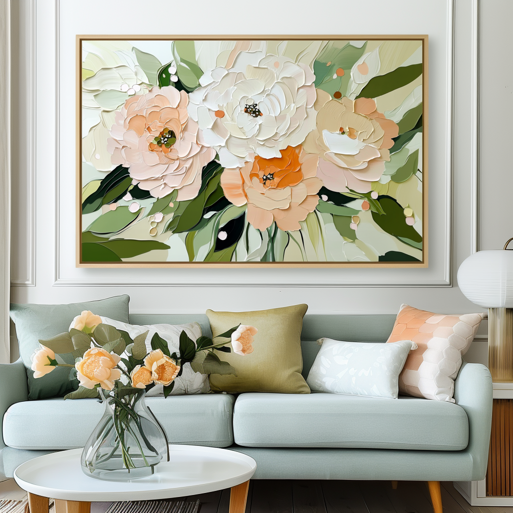 Blossom Harmony-Framed Modern Textured Floral Wall Art - Soft Peach, White & Orange Flower Painting with Green Foliage, Boho Farmhouse Decor for Living Room