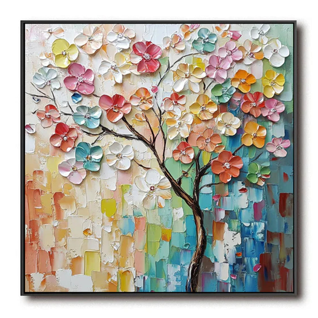 Textured Colorful Flower Tree Oil Painting - 3D Impasto Wall Art for ...